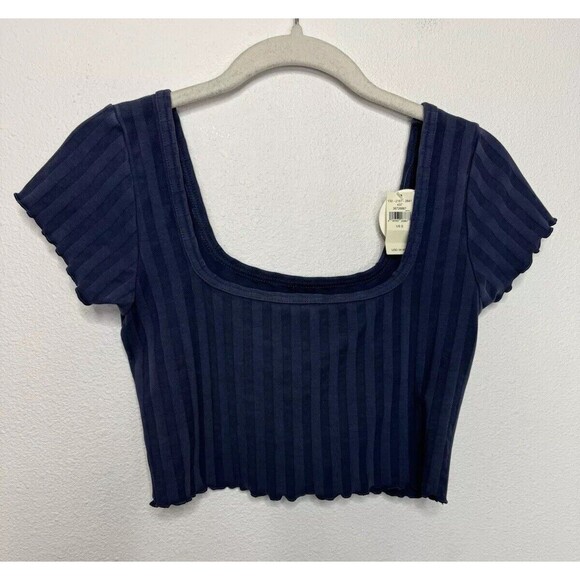 Aerie OFFLINE Small OG Groove Crop Top Blue Short Sleeve Lettuce Trim Ribbed NWT - Picture 1 of 12